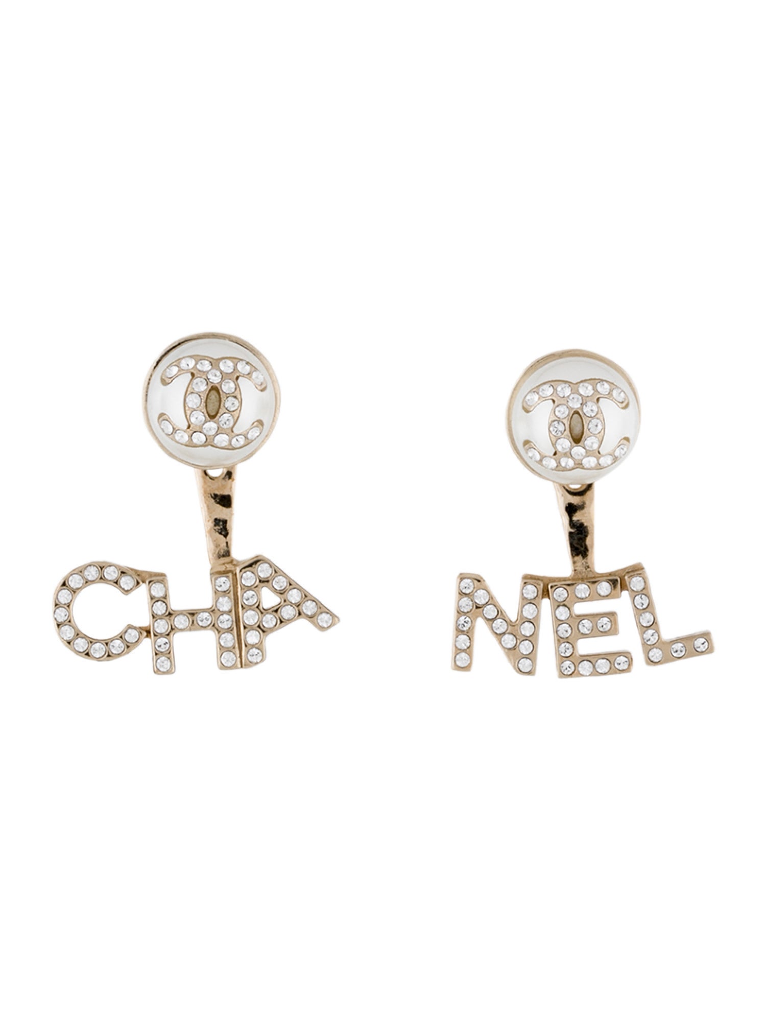 Chanel 2021 Faux Pearl & Strass 'CHA-NEL' Jacket Stud Earrings